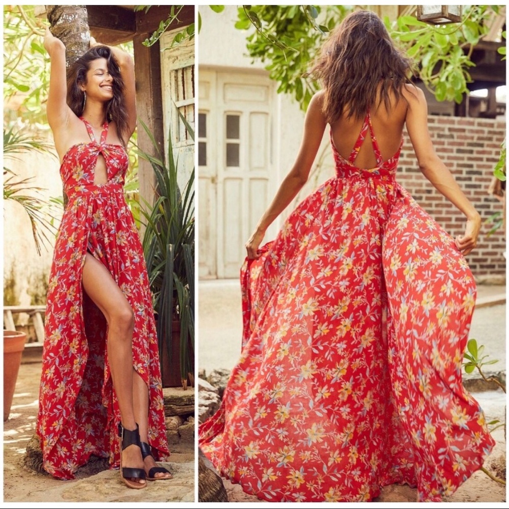 Red Floral Devaraux Cutout Twist Maxi Dress
